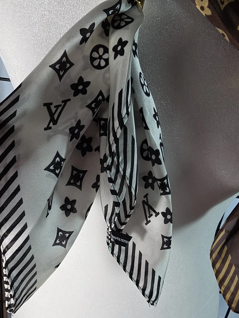 Luxury Brown Or White Patterned Silk Scarf with Gold Accent